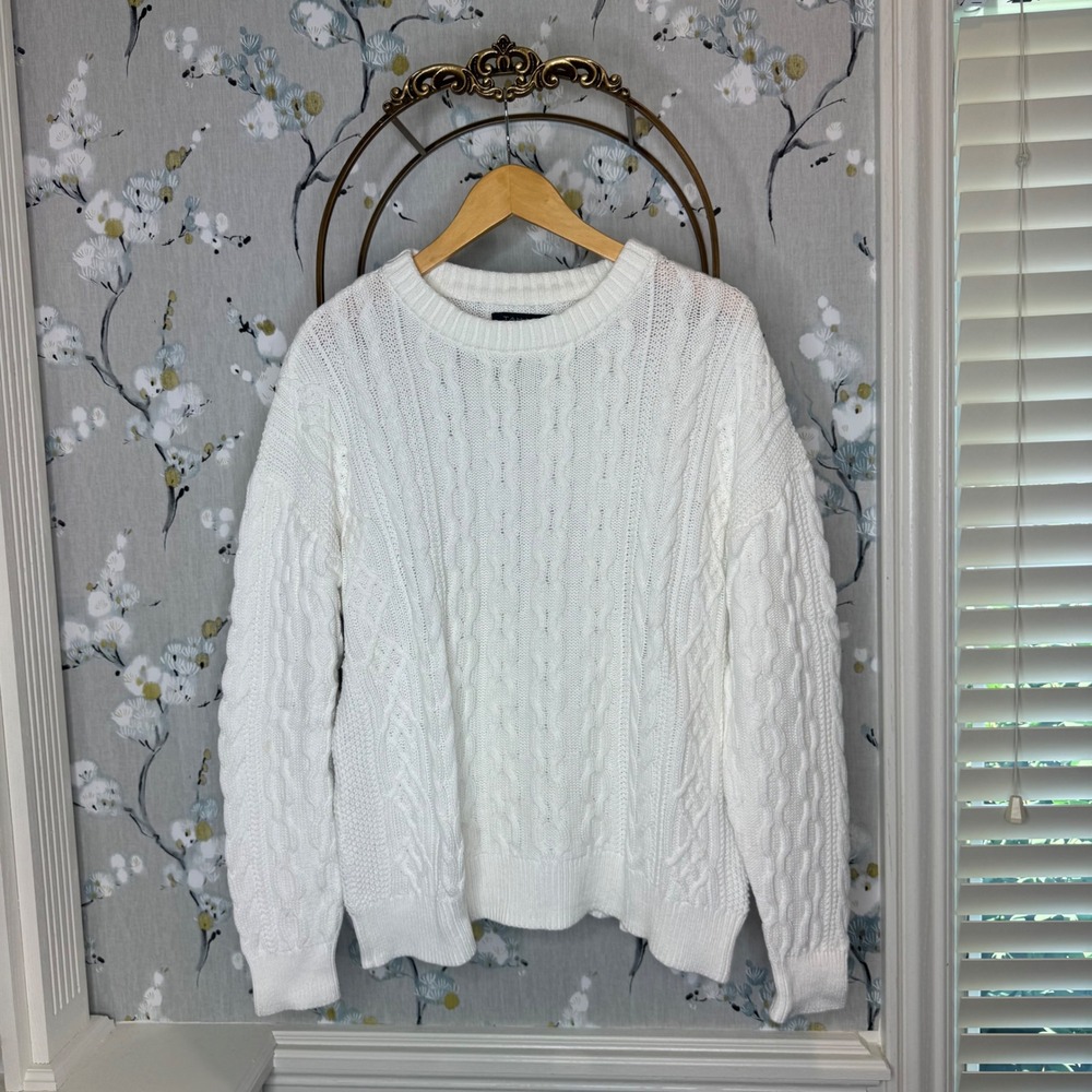 Tahari Womens White Cable Knit 100%‎ Cotton Crew Neck Pullover Sweater Large